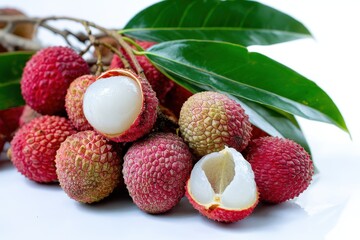 Thai tropical fruits Fresh lychee with red skin white flesh and green leaf on a white background Thailand exports lychee globally