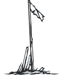 Black and white sketch of a tall flagpole with a tattered and torn flag waving in the wind