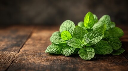 Fresh Mint Leaves on Rustic Wooden Table