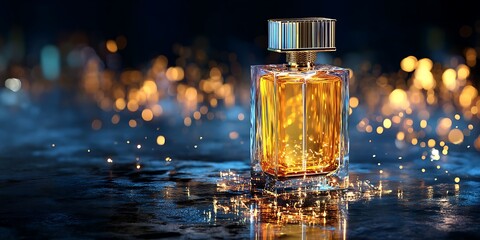 Perfume bottle on a reflective surface with bokeh lights