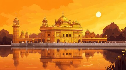 Fototapeta premium Sunset backdrop illustration of the Golden Temple with intricate architectural details