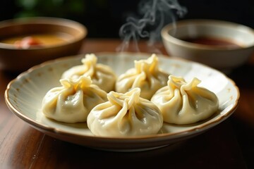 Steaming dumplings, delicate folds, porcelain plate , pork, photography, soy sauce