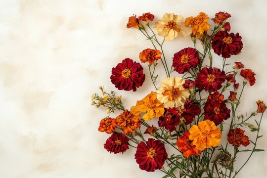 Arrangement of dried flowers in warm autumnal colors.