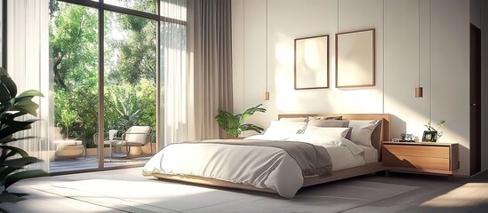 Modern bedroom with large windows, wooden bed, beige bedding, green potted plant.