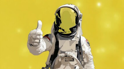 Digitally styled astronaut wearing a spacesuit and helmet with earth graphic giving a thumbs up on a yellow background