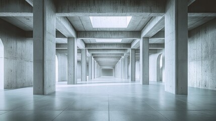 Modern Concrete Architecture: Empty Hallway with Skylights and Archways