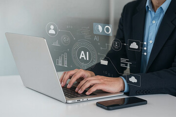 Businessman Using Laptop AI Technology Digital Data Analysis Modern Businessman Working on Laptop Computer Artificial Intelligence Big Data Analytics Cloud Computing Network Connection Digital        