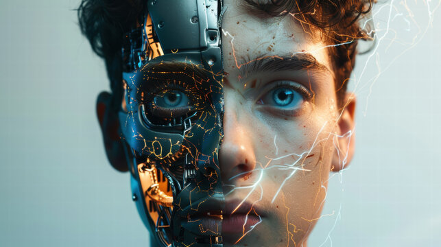 Split face image showing half human and half robot with glowing neural connections and blue eyes