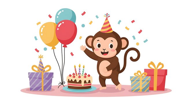 Cartoon Monkey Birthday Party Poster
A playful vector poster and looped animation of a baby monkey celebrating a birthday party with balloons and cake. 