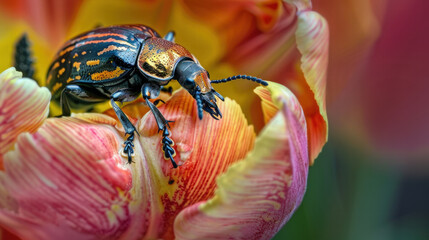 Closeup of colorful beetle on vibrant tulip petal in natural light with detailed texture