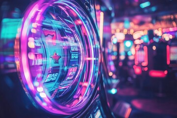 Vibrant Slot Machine with Pink and Purple Neon Lights in Casino