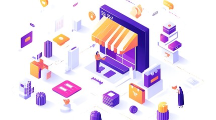 Online Shopping Concept with Isometric Store and People Interacting Digitally