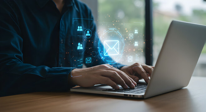 Email marketing strategy: man typing on laptop with email icons for digital communication concept