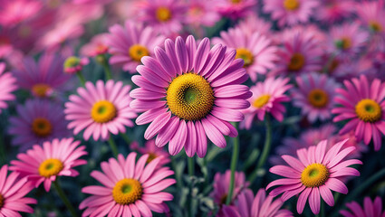 Pink painted daisy flowers blooming in garden