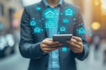 Businessman using smartphone to access digital real estate icons in urban setting