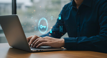 Cyber security data protection concept man working on laptop with security lock key icons overlay