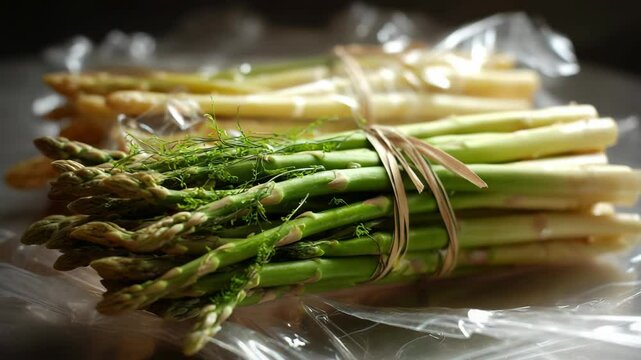 Bundles of fresh green asparagus tied with raffia ready for cooking and eating
