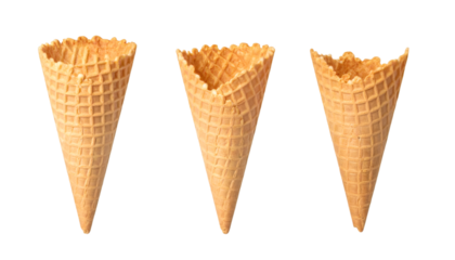 Crispy waffle ice cream cones lying empty, transparent background, three piece set