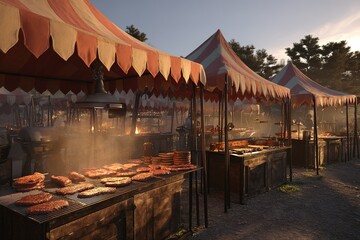 Vibrant food market with grilled meats and festive tents during sunset in a lively outdoor setting