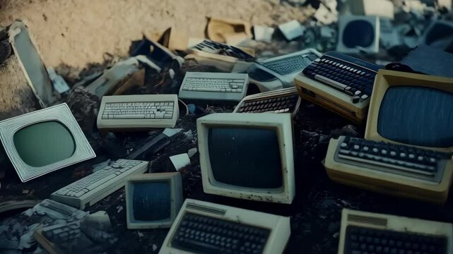 Scrap of old outdated computer monitors and keyboards are dumped in a pile in junkyard with grey foggy sky suggesting technological waste
