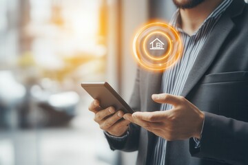 Businessman using smartphone with home icon overlay in modern office setting