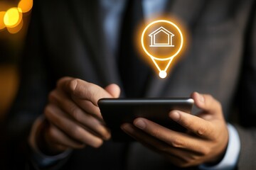 Businessman using smartphone with house icon overlay, showcasing real estate technology