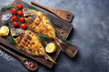 Top view banner for a recipe menu featuring grilled flounder seafood