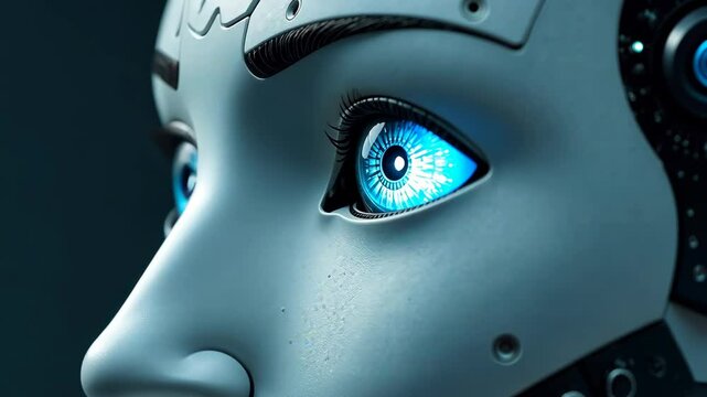 Close-up of humanoid robot face with glowing blue eye, realistic style, dark blurred background, concept of artificial intelligence and robotics