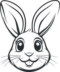Black and white cartoon illustration of a happy rabbit face with large ears and whiskers