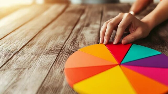 A hand arranges colorful pie chart segments on a rustic wooden table in natural light.