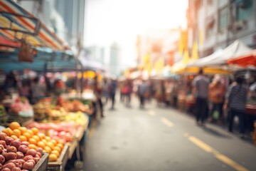 Obraz premium Vibrant market bustling with shoppers and colorful fruits during the daytime in an urban setting
