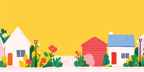 A vibrant street scene featuring colorful houses with blooming flowers and lush greenery creates a sense of idyllic charm and warmth.