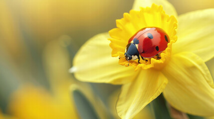Ladybug on yellow daffodil flower in soft natural light with blurred background
