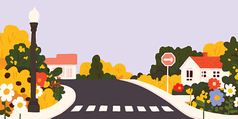 A picturesque suburban street scene, painted with bright colours with road, stop sign, homes, and lush trees. perfect for illustrating the essence of suburban life.