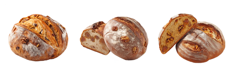 Rustic French pain de campagne with walnuts and dried fruits, whole and sliced loaves, isolated on transparent background, ideal for bakery packaging, recipe books, or culinary branding