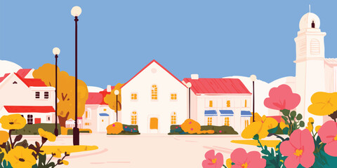 Obraz premium A quaint townscape painted in soft hues, evokes the peaceful charm of rural life. Charming architecture is on display, inviting viewers to experience tranquility.