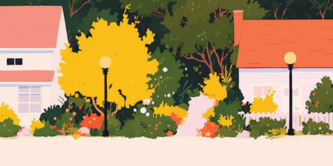 A charming suburban scene unfolds, depicting inviting houses nestled amidst lush greenery. The quaint neighborhood evokes a sense of peace and the beauty of nature. 