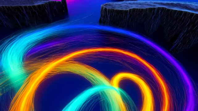 Vibrant fantasy landscape with glowing multicolored energy streams over deep canyons


