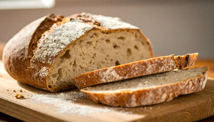 Rustic Homemade Bread Slices On Wooden Board