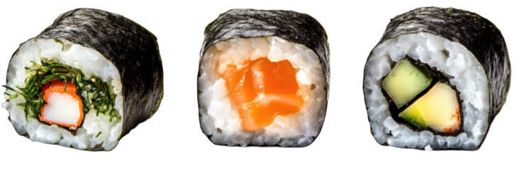 A vibrant display of three sushi rolls. showcasing fresh ingredients like crab. salmon. and cucumber. set against a clean background. ideal for culinary publications or food blogs