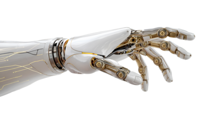 Robotic hand reaching white gold technology future
