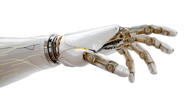 Robotic hand reaching white gold technology future