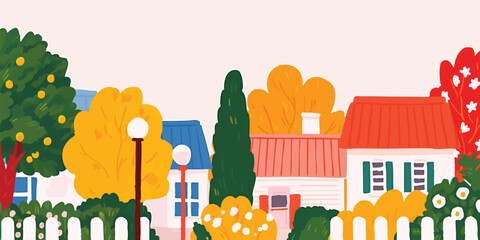 Vibrant illustrated neighborhood with charming houses nestled amongst colorful trees, evoking a sense of community and peaceful living.