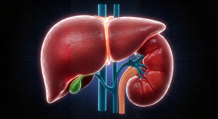 Detailed 3D illustration of human liver and kidney anatomy, medical technology, glowing effect, copy space