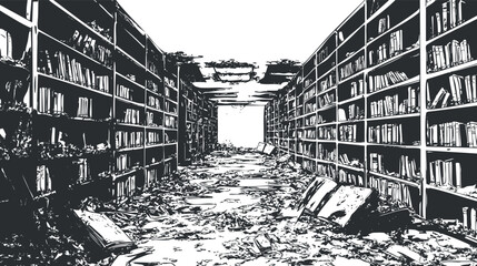 Abandoned library with damaged bookshelves and debris covering floor in a ruined interior setting