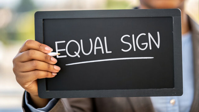 Closeup of diverse hand holding small blackboard with words EQUAL SIGN written in white chalk, symbolizing equality and balance in high fidelity image - Powered by Adobe