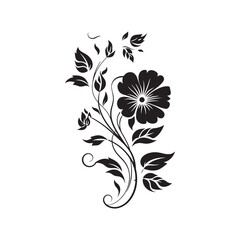 Beautiful black and white floral silhouette with swirling leaves and blooming flowers.