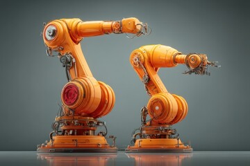 Two orange industrial robotic arms with intricate mechanical parts ready for automated work in modern factories with gray background