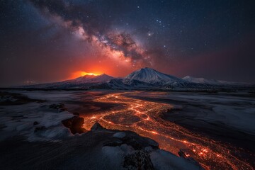 Volcanic eruption illuminates night sky and river of lava beneath the Milky Way