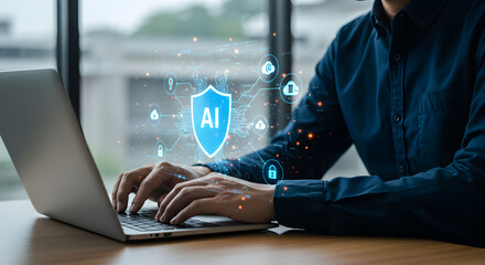 Ai cybersecurity protection for data privacy and network security on laptop computer technology concept